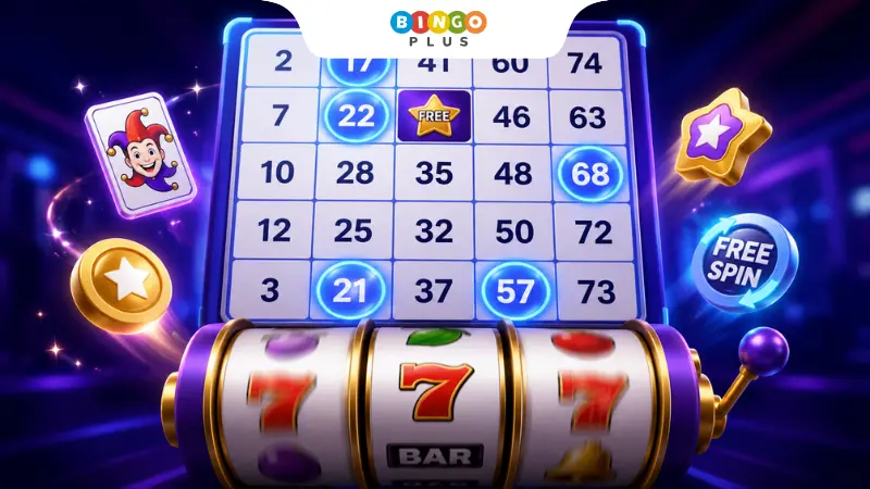 Illustration of a Slingo game combining a 5×5 bingo card with slot reels, representing how Slingo blends bingo and slots.